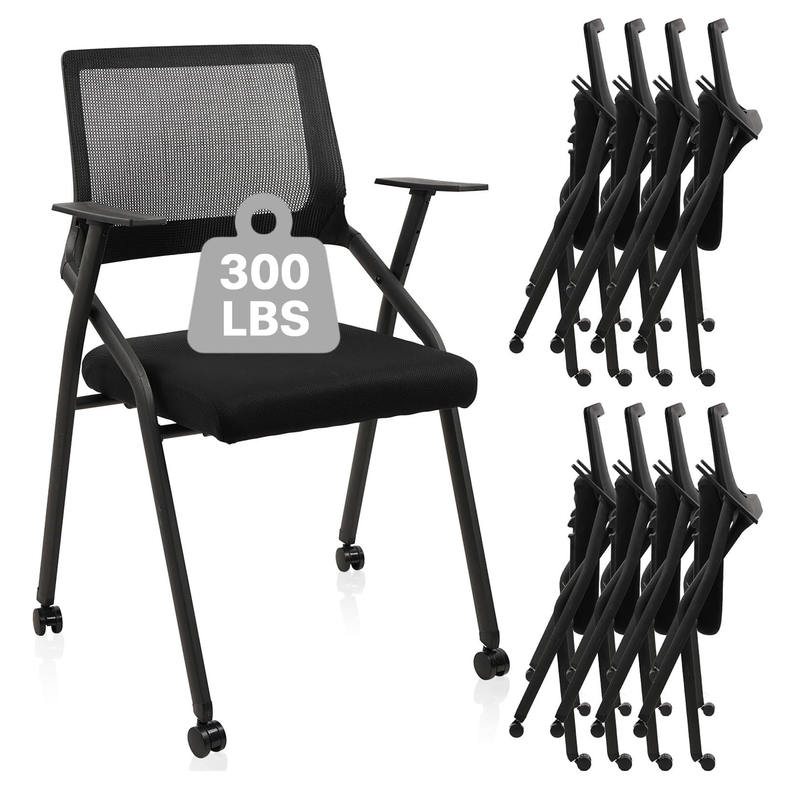 Black 8 Pack, Stackable Foldable Chairs with Wheels, Portable Padded Office Desk Chair with Lumbar Support and Armrest for Conference School Lobby Break Waiting Training Room Guest Reception