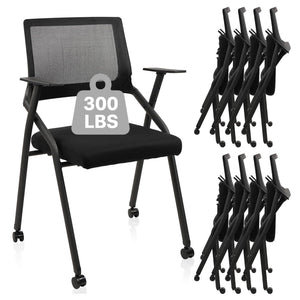 Black 8 Pack, Stackable Foldable Chairs with Wheels, Portable Padded Office Desk Chair with Lumbar Support and Armrest for Conference School Lobby Break Waiting Training Room Guest Reception