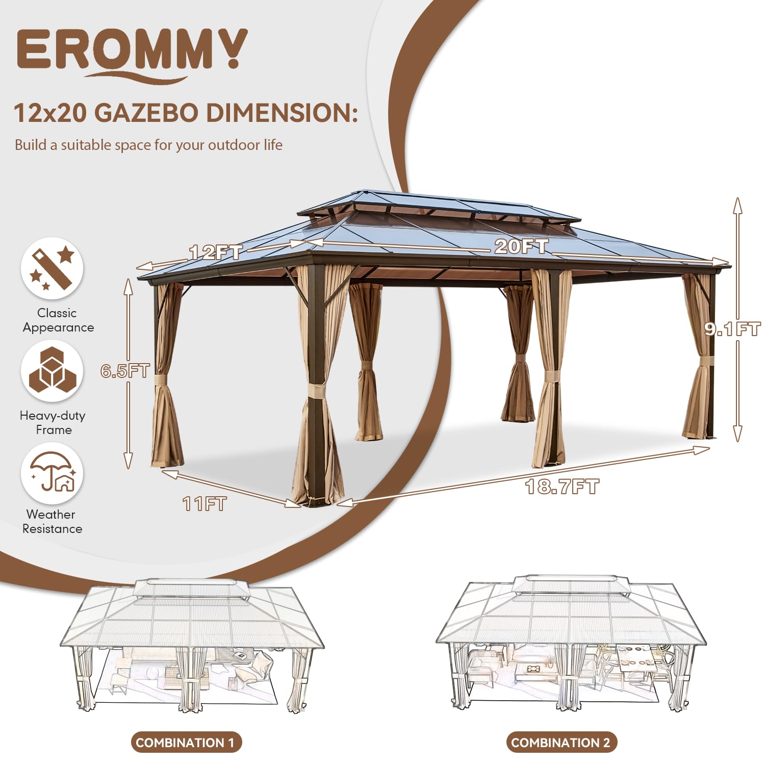 12' x 20' Gazebo Polycarbonate Double Roof Canopy with Aluminum Frame, Outdoor Permanent Metal Pavilion with Netting and Curtains for Garden Patio Lawns