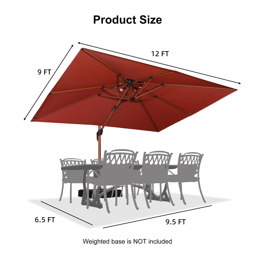 9' X 12' Double Top Deluxe Wood Pattern Rectangle Patio Umbrella Offset Hanging Umbrella Outdoor Market Umbrella Garden Umbrella, Brick Red