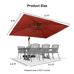 9' X 12' Double Top Deluxe Wood Pattern Rectangle Patio Umbrella Offset Hanging Umbrella Outdoor Market Umbrella Garden Umbrella, Brick Red