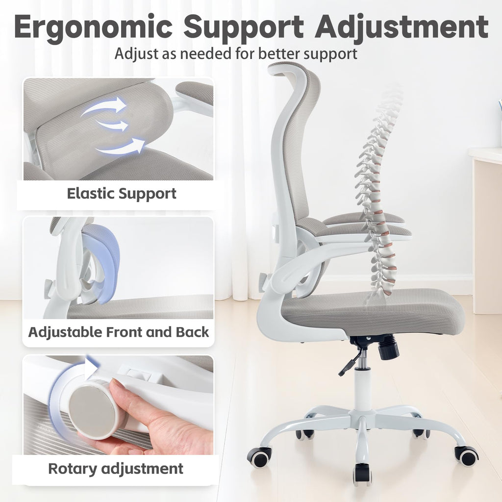 Ergonomic Office Chair with Adjustable Lumbar Support, Mesh Back, Flip-Up Arms, Rocking Mode with Tension Control, 300 lbs Weight Capacity, Black and White (White)