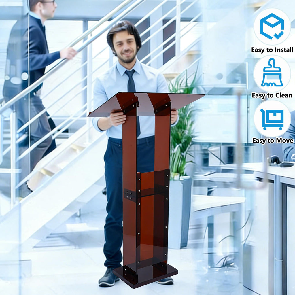 Acrylic Podium Stand 45.5" with Storage Shelf, Modern Amber Lectern Professional Presentation Podiums with Reading Platform for School, Classroom, Weddings, Conference, Concert, Events, Church