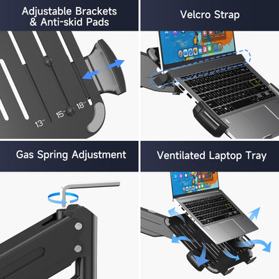 Laptop Desk Mount, Fully Adjustable Monitor and Laptop Mount Stand for 11-17 Inch Notebook and 17-32 inch Monitor Screen,Holds 22lbs with Vented Tray