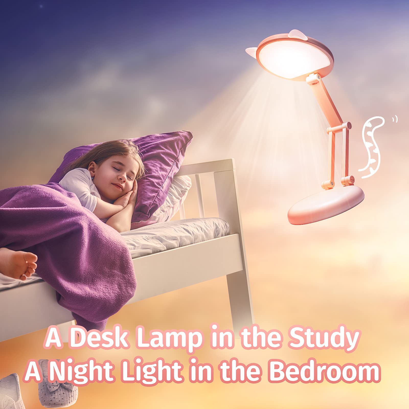 Cute Desk Lamp Pink Dorm Lamps for College Girls Foldable Portable Rechargeable Dimmable Cute Cat Lamp Kawaii Room Decor,College Dorm Decor for Girls Pink Classroom Essentials