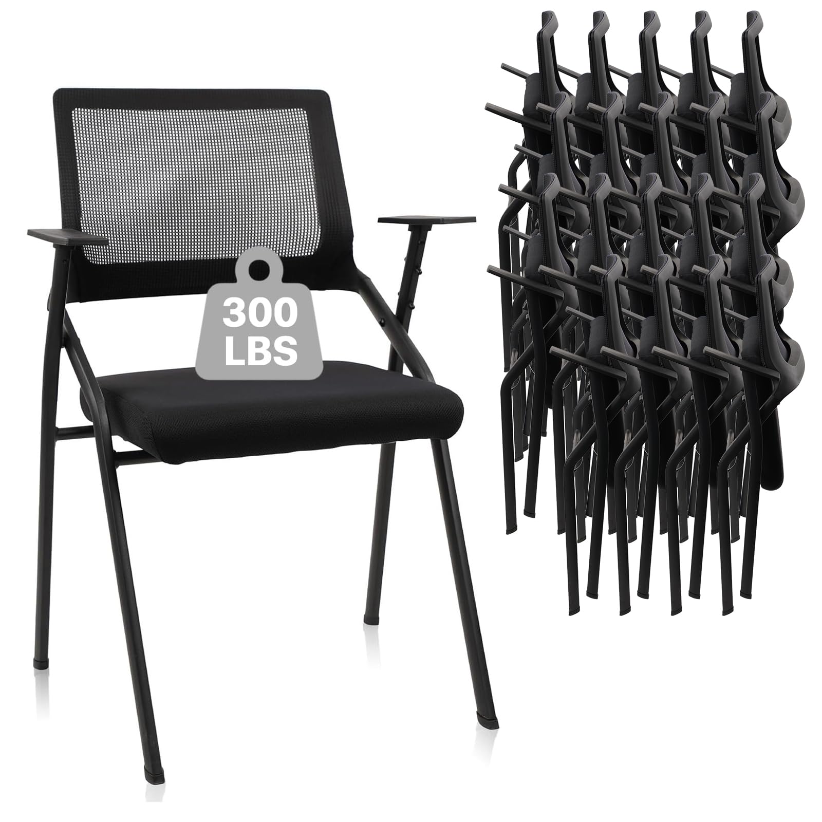 Black (20pk), Stackable & Foldable Office Chairs with Ergonomic Lumbar Support and Thickened Seat Cushion, Folding Mesh Fabric Reception Guest Chair for School Church Lobby Conference Room,