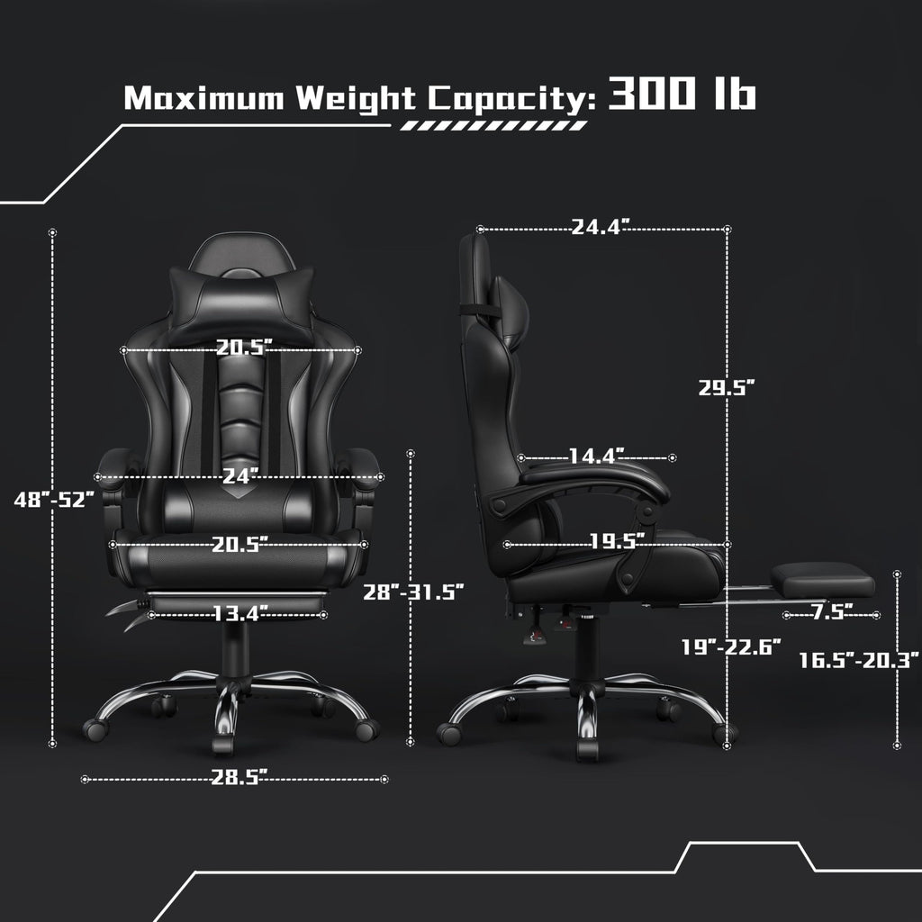 Gaming Chair, Video Game Chair with Massage Lumbar Support and Footrest Height Adjustable Ergonomic Computer Chair with Swivel Seat and Headrest, Full Black
