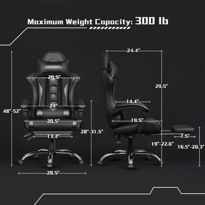 Gaming Chair, Video Game Chair with Massage Lumbar Support and Footrest Height Adjustable Ergonomic Computer Chair with Swivel Seat and Headrest, Full Black