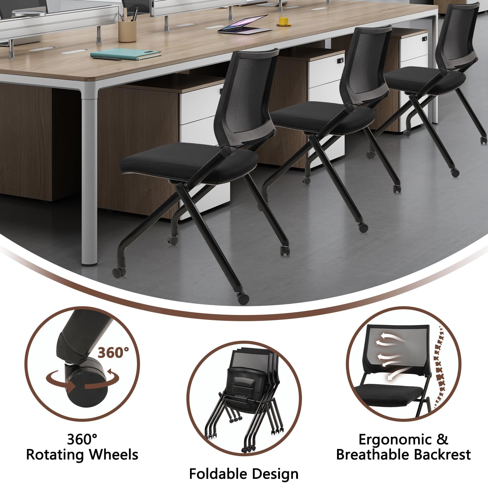 20PACK, Stackable & Foldable Chairs with Wheels, Reception Guest Chairs with Lumbar Support, Ergonomic Mesh Back Folding Chair for Office Schools Training Conference Waiting Room, Black