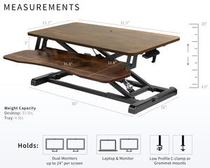 32 inch Desk Converter, K Series, Height Adjustable Sit to Stand Riser, Dual Monitor and Laptop Workstation with Wide Keyboard Tray, Vintage Brown Top, Black Frame, DESK-V000KN