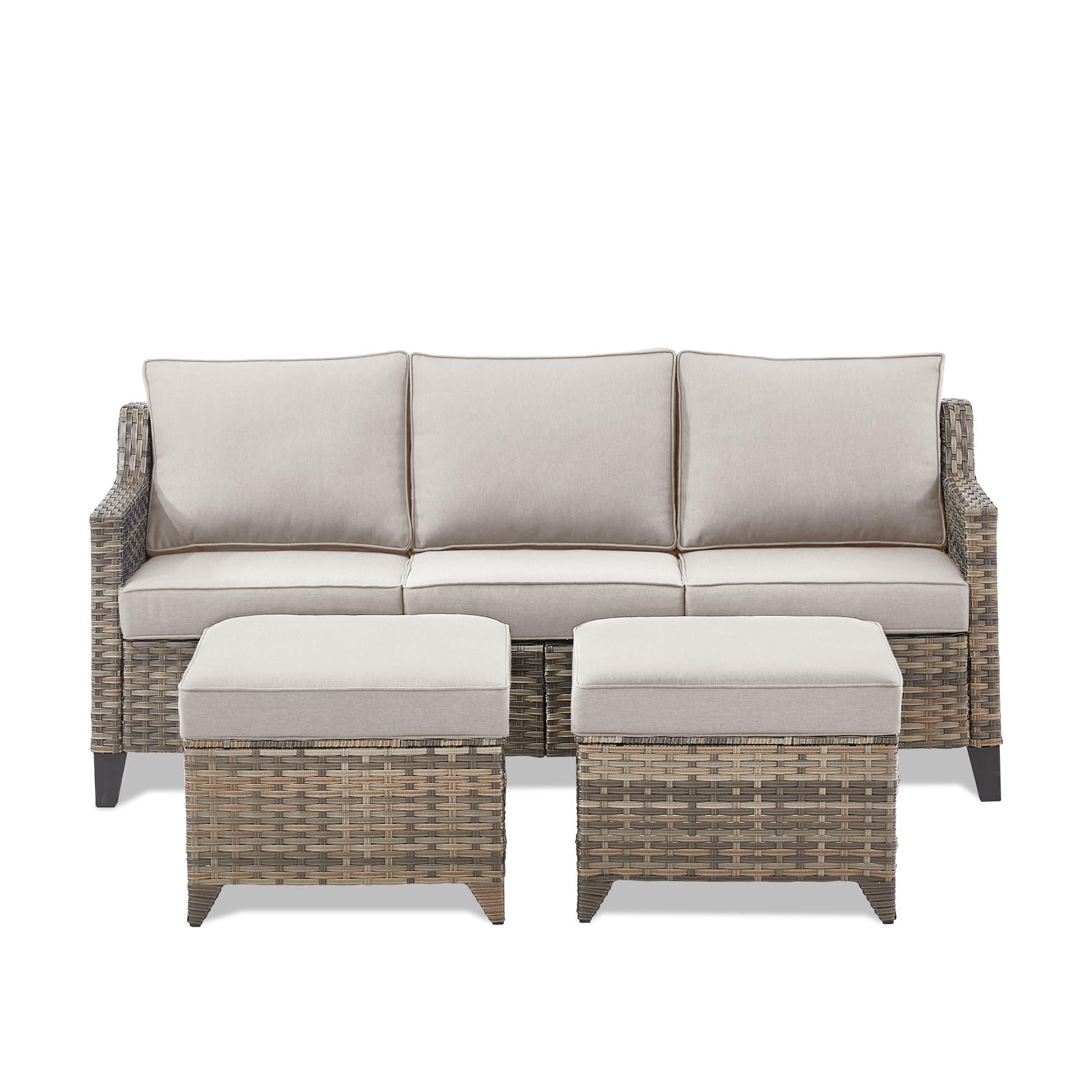 3 Pieces Patio Furniture Sofa Set-Outdoor Wicker Patio Furniture Covered Couch with Multifunctional Ottoman and All-Weather Patio Conversation Set for Backyard Porch Garden Grey/Beige