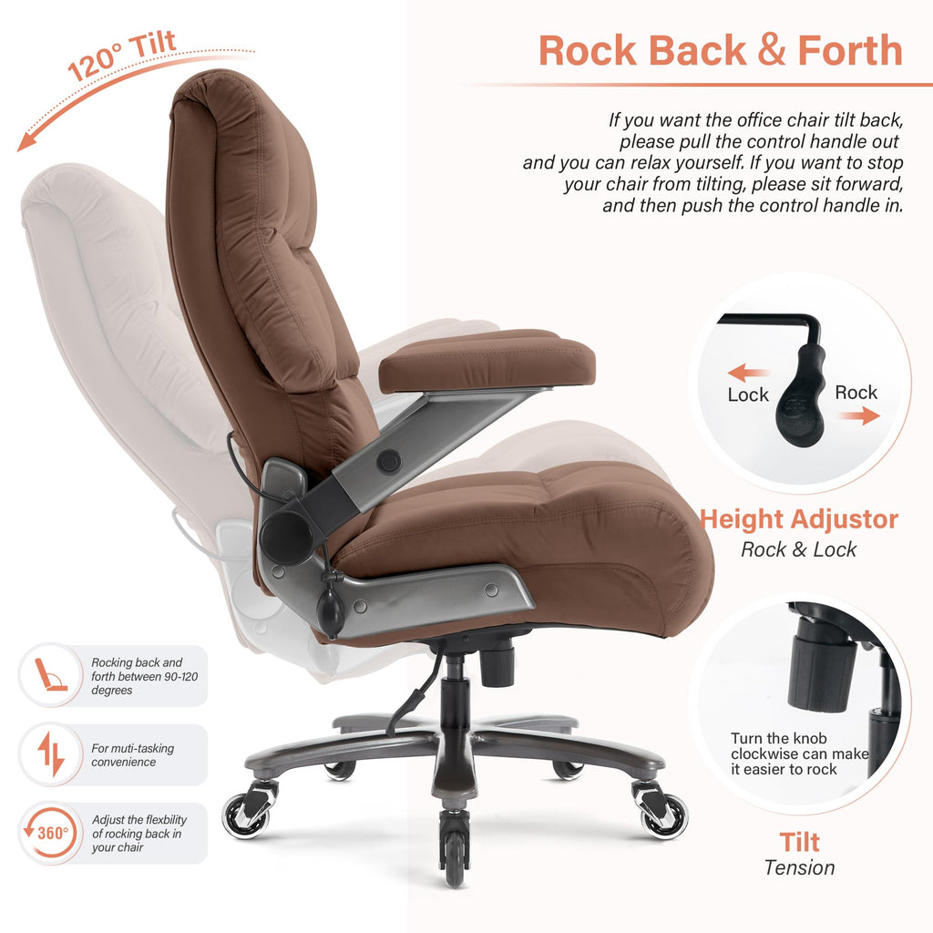 Big and Tall Office Chair 700lbs- Fabric Executive Desk Chair with Adjustable Lumbar Support 3D Flip UP Arms- Heavy Duty Quiet Wheels Metal Base Ultra-Soft Upholstered Ergonomic Computer Chairs, Brown