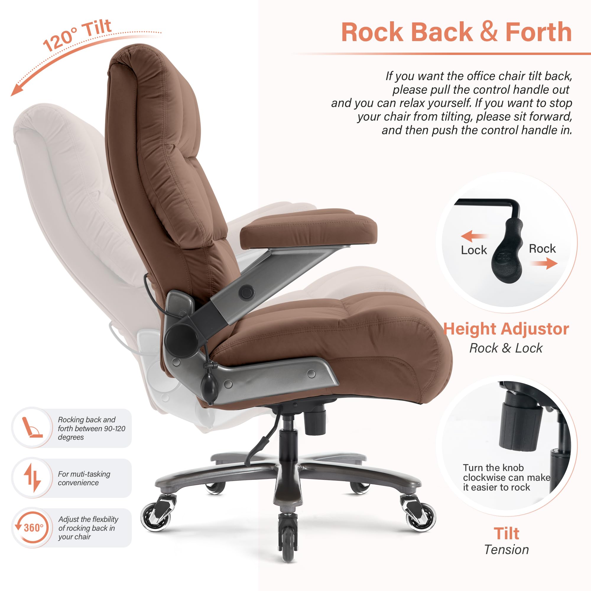 Big and Tall Office Chair 700lbs- Fabric Executive Desk Chair with Adjustable Lumbar Support 3D Flip UP Arms- Heavy Duty Quiet Wheels Metal Base Ultra-Soft Upholstered Ergonomic Computer Chairs, Brown