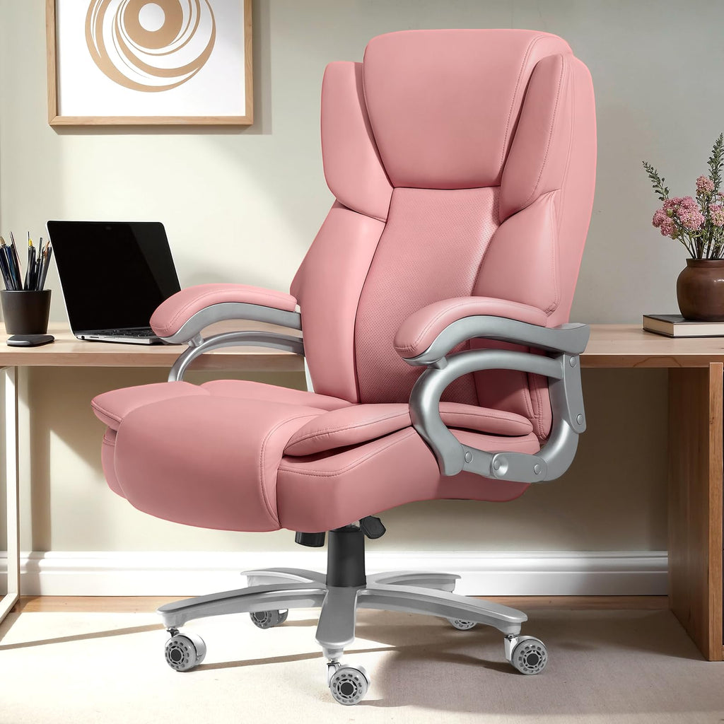 Big and Tall Office Chair,500lbs Capacity Heavy Duty Office Chair for Heavy People, High Back Executive Computer Chair with Adjustable Lumbar Support, Quiet Rubber Wheel (Pink)