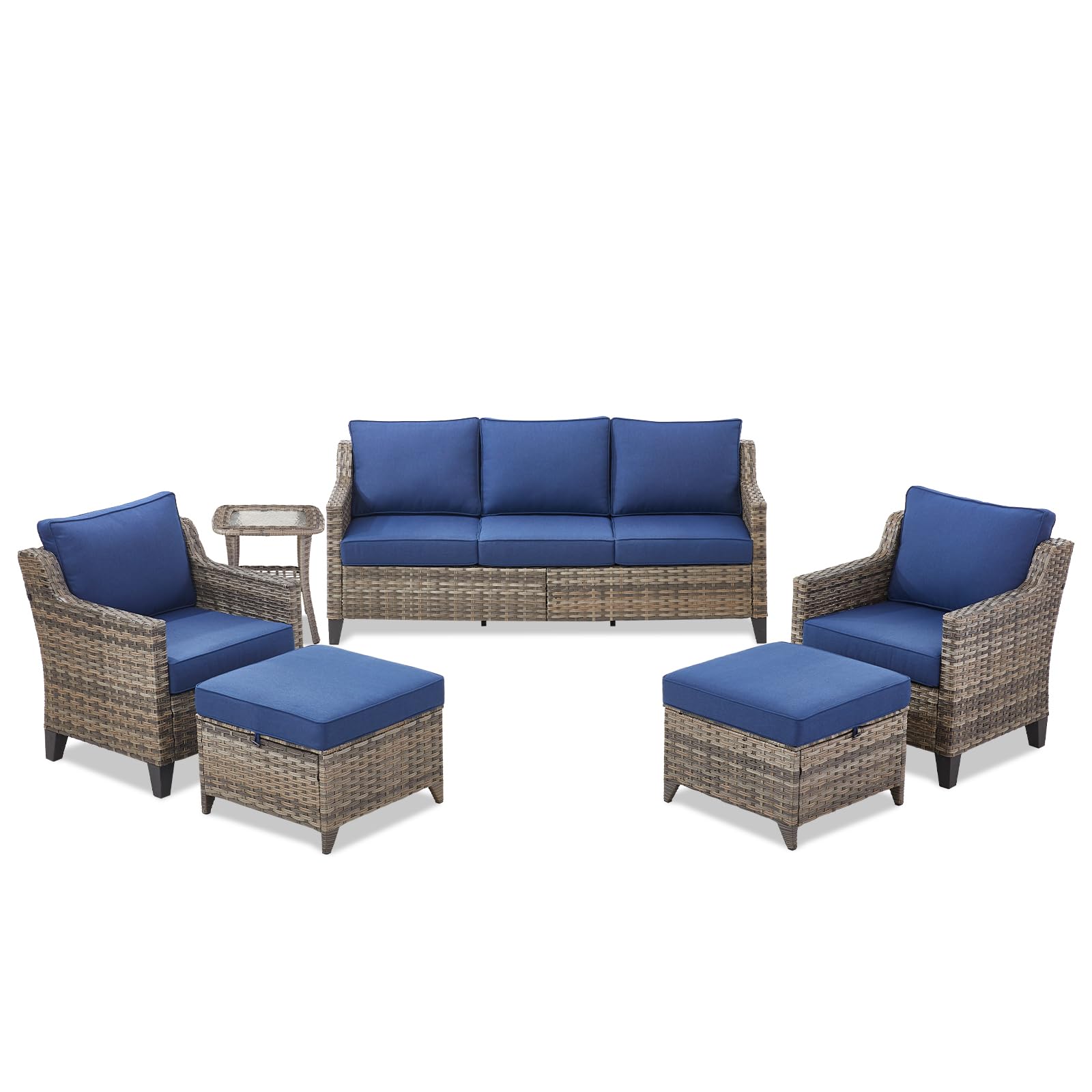 Buenhomino Outdoor Patio Furniture Set-PE Wicker Sofa Couch with Ottomans Comfy Cushions, All Weather High Back Patio Conversation Set for Porch Deck Balcony Garden Grey/Blue