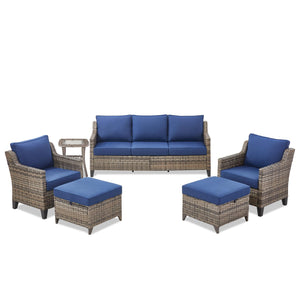 Buenhomino Outdoor Patio Furniture Set-PE Wicker Sofa Couch with Ottomans Comfy Cushions, All Weather High Back Patio Conversation Set for Porch Deck Balcony Garden Grey/Blue