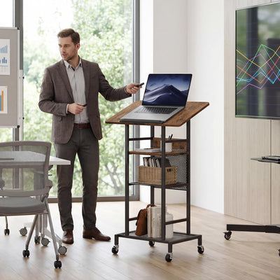 Podium Stand with Locking Wheels, 4-Tier Mobile Lectern with Storage Shelves and Non-Slip Lip, for Classroom, Church, Conference Standing Desk, Rustic Brown and Black LPHR6001