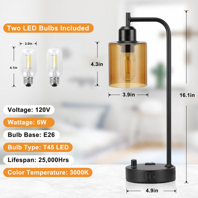 Industrial Bedside Lamps for Nightstand Set of 2 - Fully Dimmable Bedroom Lamps with USB A C Ports and Outlet, Black Table Lamps with Amber Glass Shade for Living Room, Desk Lamps for Office Reading
