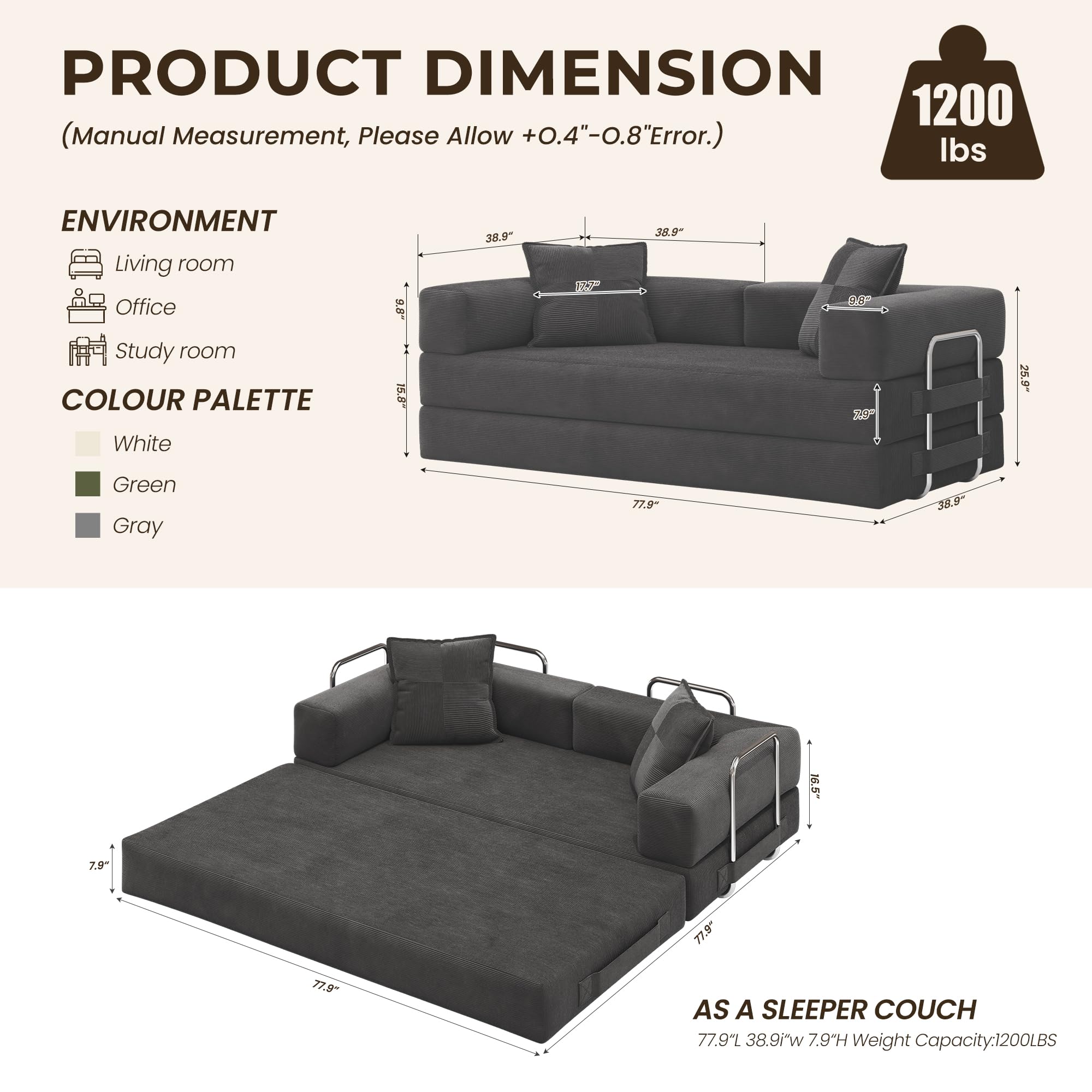 78 Inch Convertible Sofa Bed, 5-in-1 Futon Sofa Bed Pull Out Couch, Boneless Couch Bed for Living Room, Corduroy Boneless Couches for Bedroom, Apartment, No Assembly Sleeper Sofa Bed, Gray