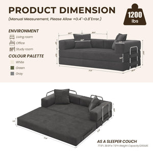 78 Inch Convertible Sofa Bed, 5-in-1 Futon Sofa Bed Pull Out Couch, Boneless Couch Bed for Living Room, Corduroy Boneless Couches for Bedroom, Apartment, No Assembly Sleeper Sofa Bed, Gray