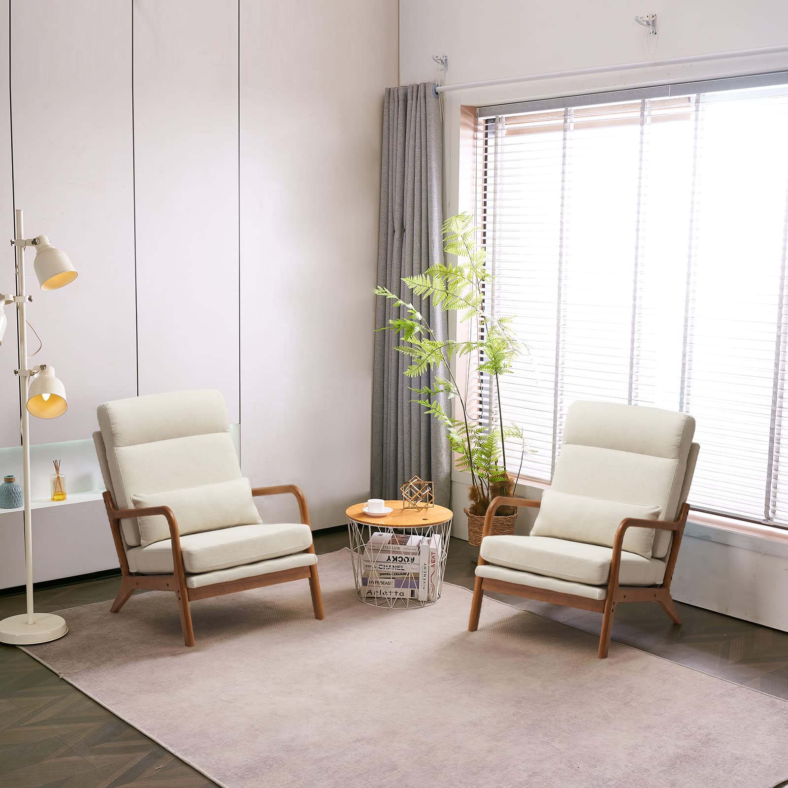 High Back Beige Accent Chairs Set of 2, Upholstered Mid Century Modern Lounge Fabric Chairs Reading Chairs Side Sitting Chair Solid Wood Farmhouse Armchairs for Living Room, Bedroom, Guest Room