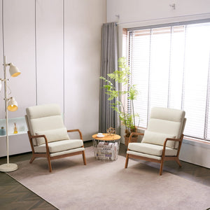 High Back Beige Accent Chairs Set of 2, Upholstered Mid Century Modern Lounge Fabric Chairs Reading Chairs Side Sitting Chair Solid Wood Farmhouse Armchairs for Living Room, Bedroom, Guest Room