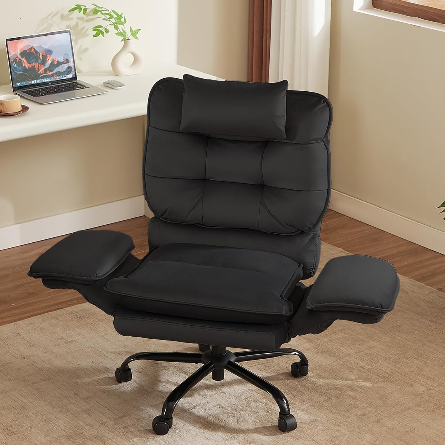 Criss Cross Chair with Flip-Up Armrests and Headrest, 135° Reclining Swivel Executive Chair with Side Pockets, Big and Tall Computer Desk Chair for Home Office Bedroom, Black Velvet