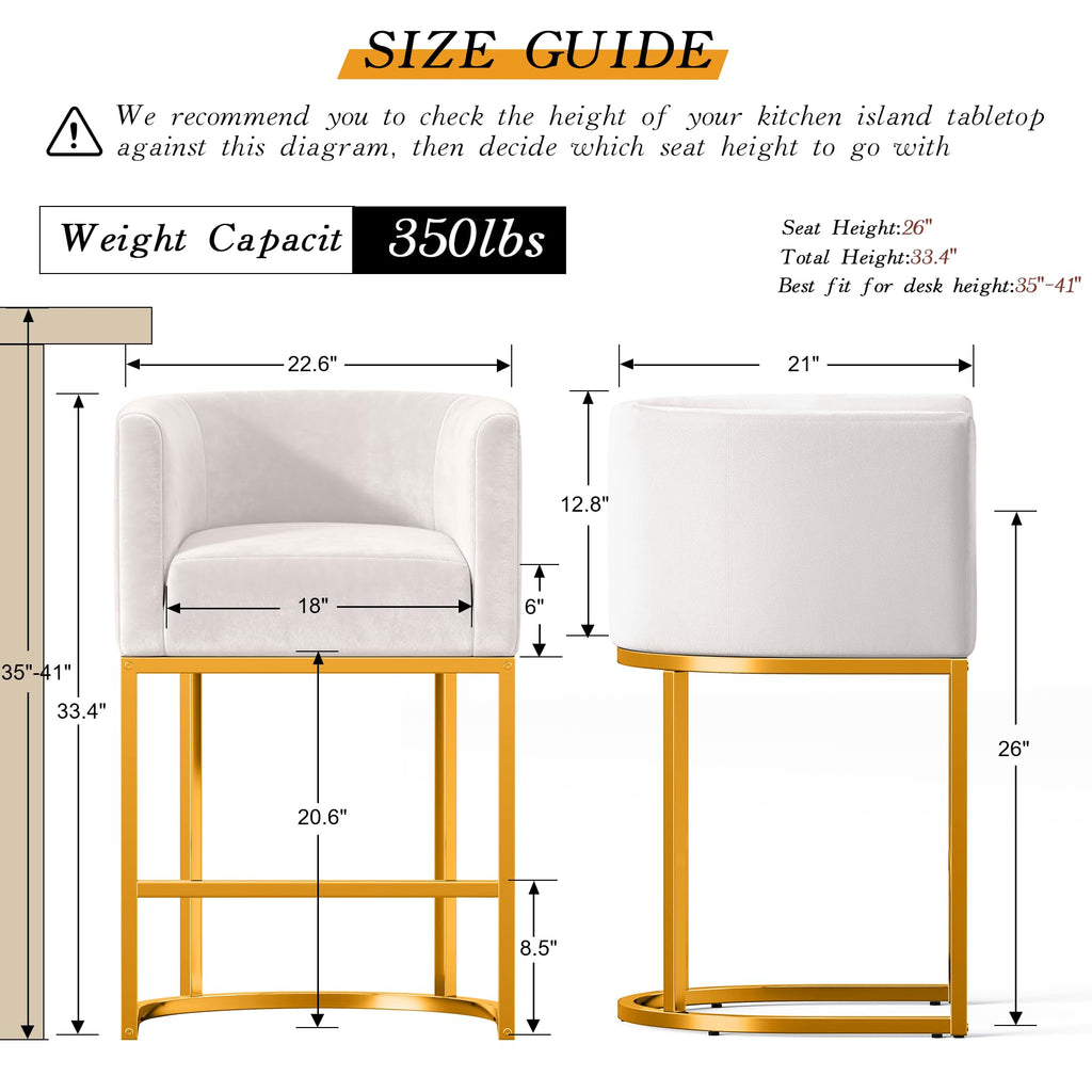 Modern Counter Height Bar Stools,Bar Stools Set of 2,Velvet Fabric Upholstered Barrel Barstools with Backs,26'' Kitchen Island Chairs,Metal Gold Frames,Beige White Velvet