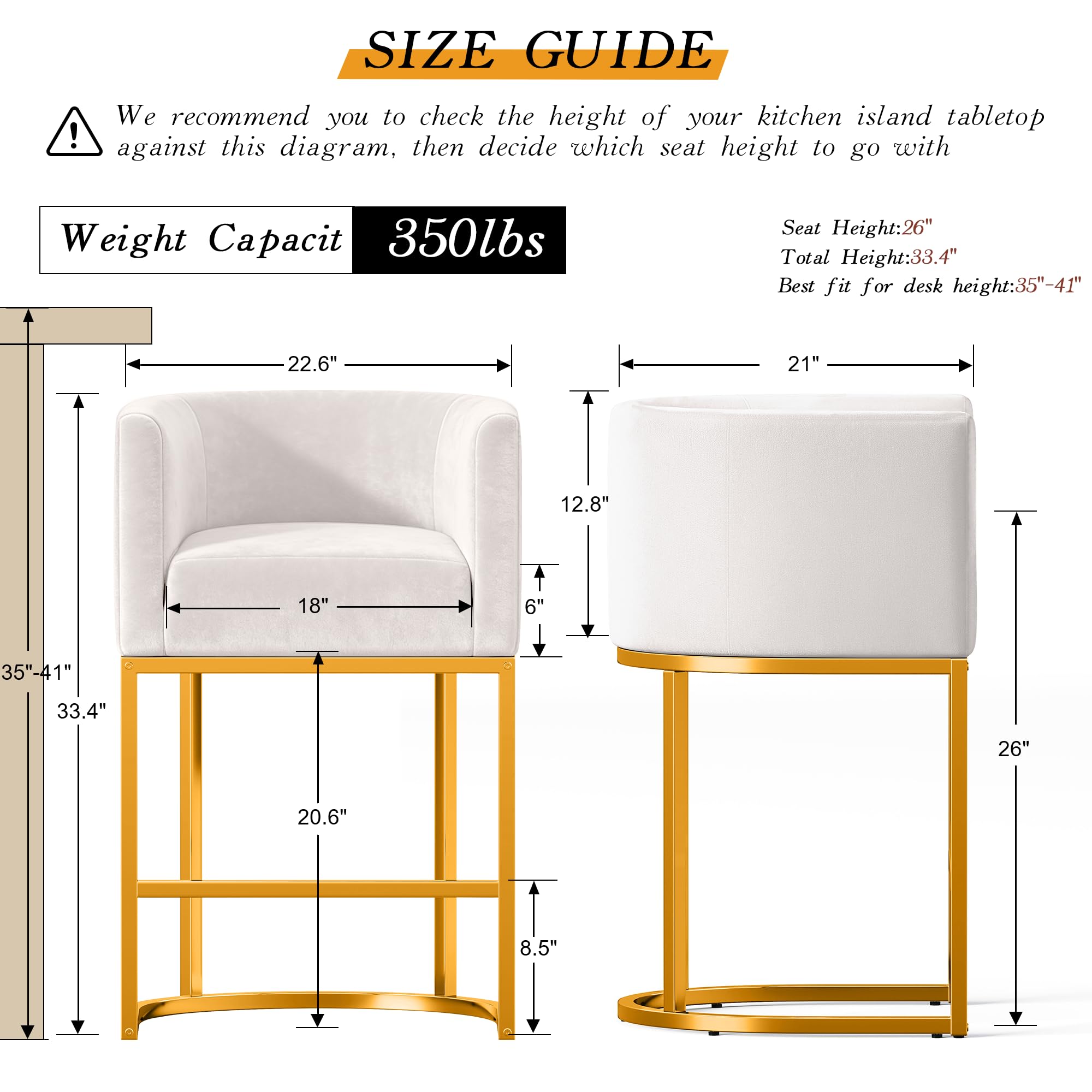 Modern Counter Height Bar Stools,Bar Stools Set of 2,Velvet Fabric Upholstered Barrel Barstools with Backs,26'' Kitchen Island Chairs,Metal Gold Frames,Beige White Velvet