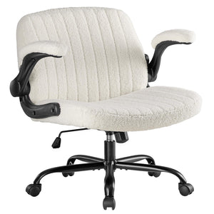 Criss Cross Home Office Chair with Wheels, Wide Cross Legged Desk Vanity Chair Comfy Fabric Flip-Up Armrests Adjustable Swivel Chairs for Home Computer Bedroom, Beige