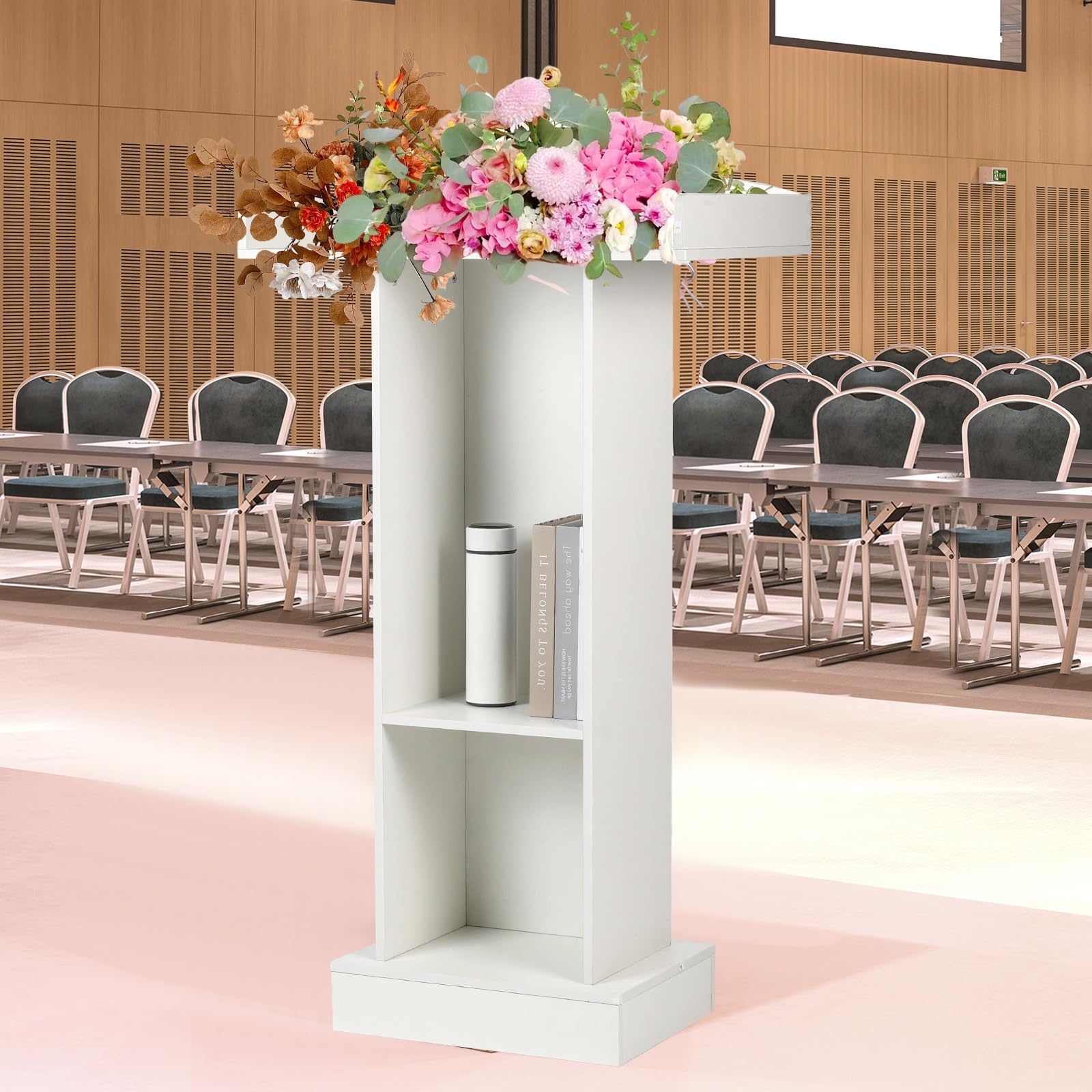 Podium Stand for Lectern Presentation Church Classroom, White Pulpit with Wooden Heavy Base, Podium for Lecture, Wedding Speech