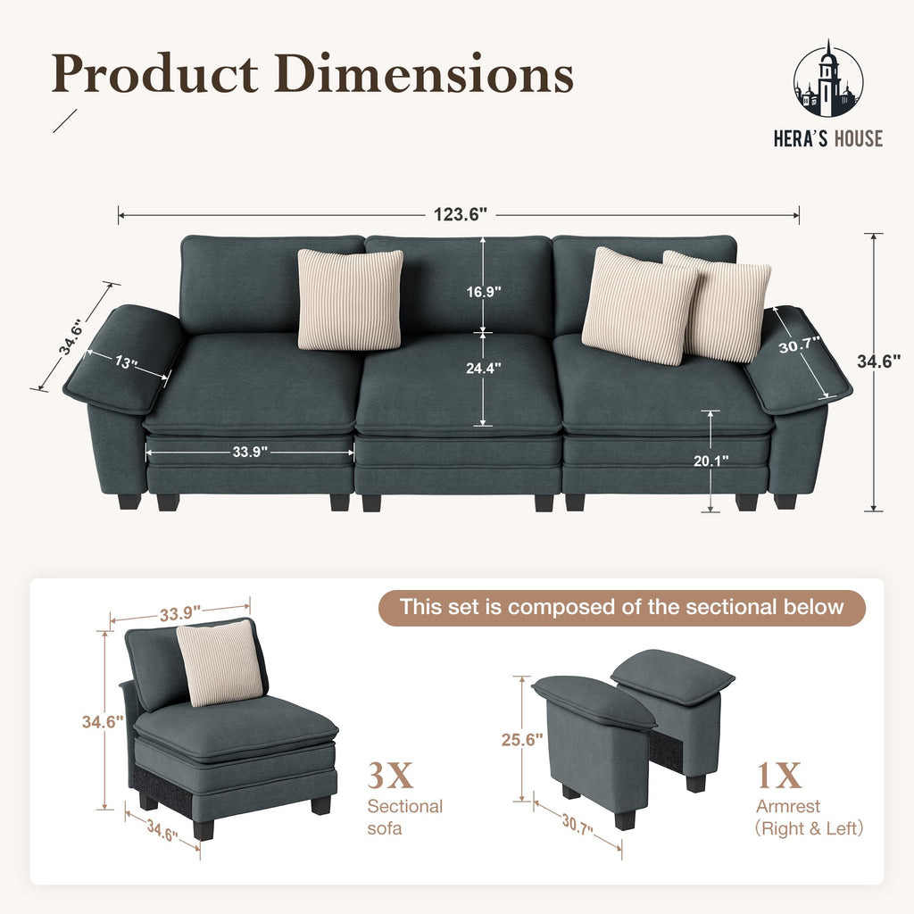 124" Modular Sectional Sofa, Oversized Couches for Living Room, Comfy Cloud Couch 3-Seater Deep Seat Sofa with Throw Pillow, Chenille Blue
