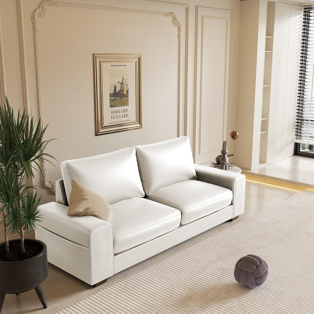Faux Leather Couch, Mid Century Modern Comfy Loveseat Sofa with Wide Arm, Side Pockets, Solid Wooden Frame for Office, Living Room and Bedroom, 3 Seater (White, 88.58 inches)