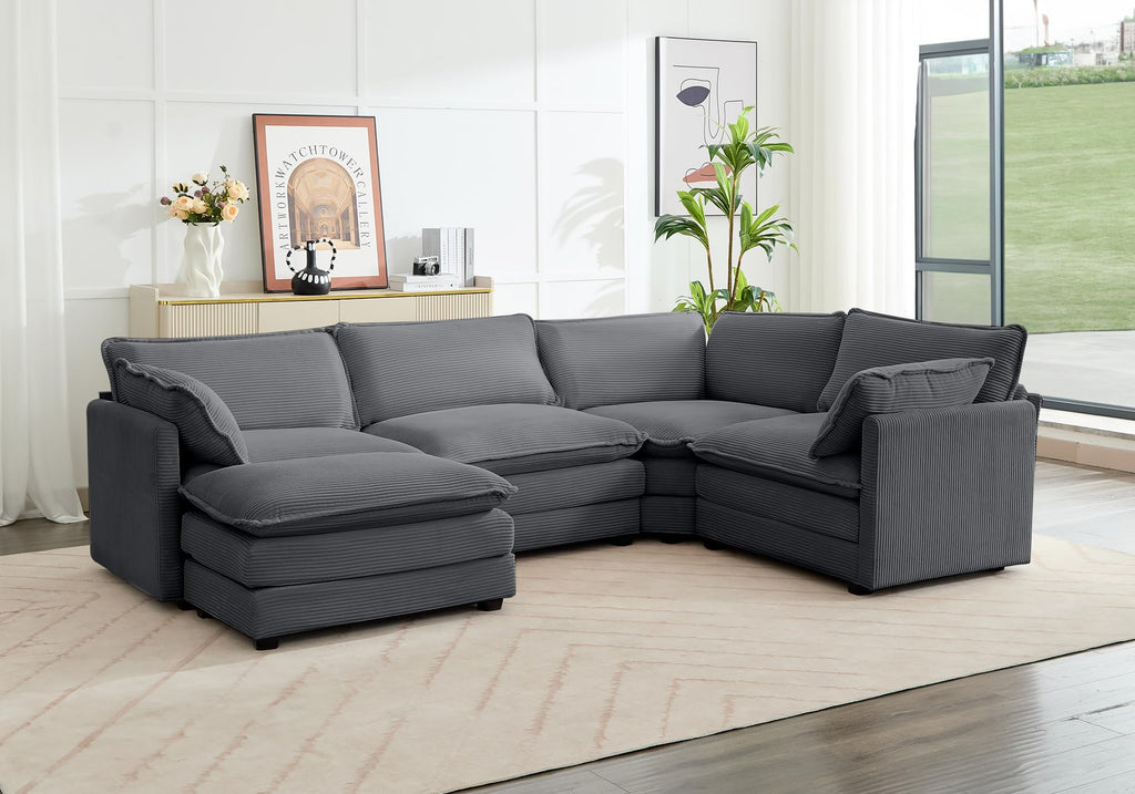 113'' Modular Sectional Cloud Corner Couch, 5 Seater L Shape Sofa Big Comfy Corduroy Oversized Couch with 2 Pillows Movable Ottoman, Deep Seat Sectional Couches for Living Room Office Dark Grey