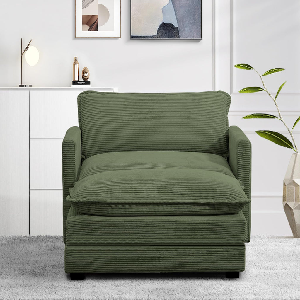 Single Armchair with Ottoman, Modern Corduroy Cloud Couch with Convertible Chaise, Upholstered Sofa Set for Living Room, Green