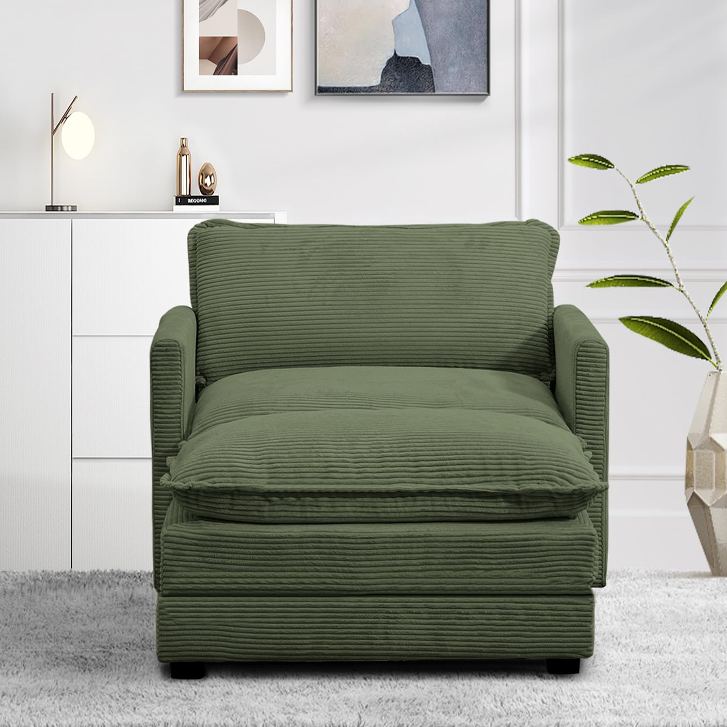 Single Armchair with Ottoman, Modern Corduroy Cloud Couch with Convertible Chaise, Upholstered Sofa Set for Living Room, Green