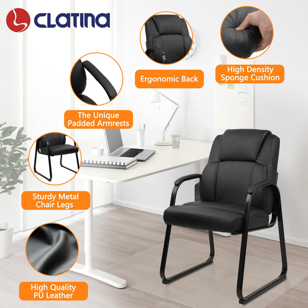 Classic Leather Soft Reception Chair with Padded Armrests and Sled Base, Executive Guest Chair for Office Computer Desk Conference Waiting Meeting Room, Black (8 Pack)
