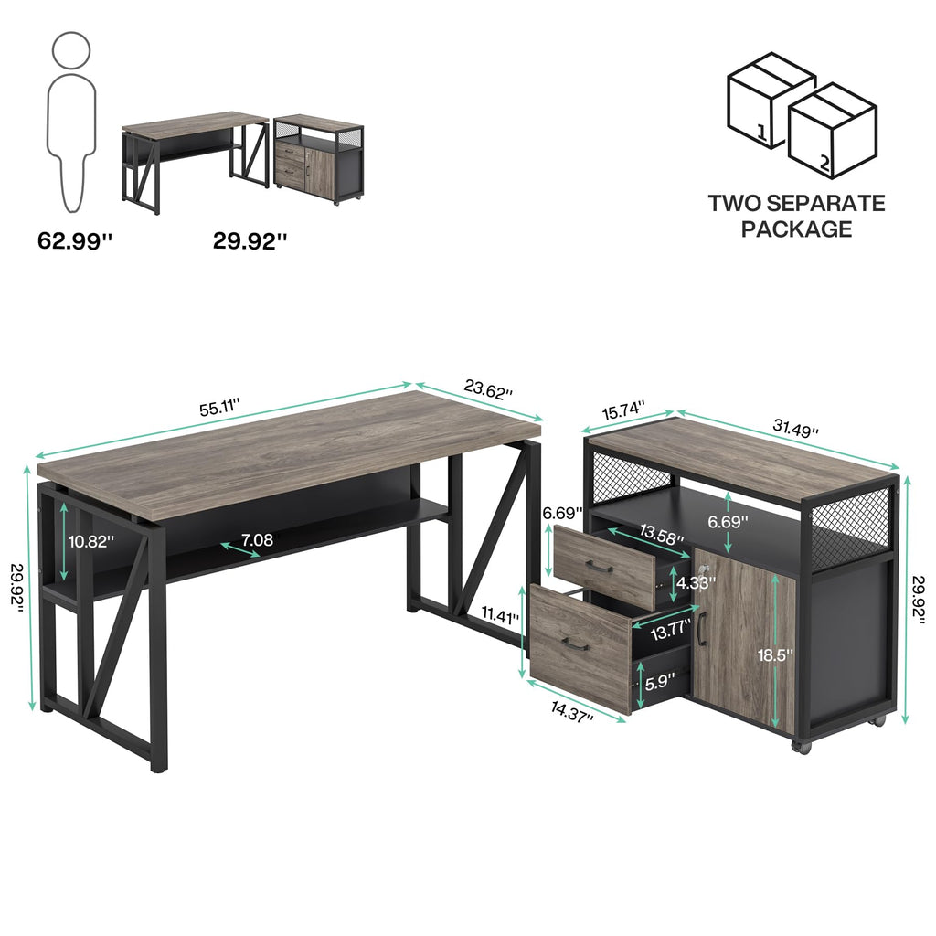 L Shaped Desk with Drawer Cabinet, 55" Executive Computer Desk and lateral File Cabinet, 2 Piece Home Office Furniture with Drawers for Hanging File, Doors with Locks (Gray, 55 inches)