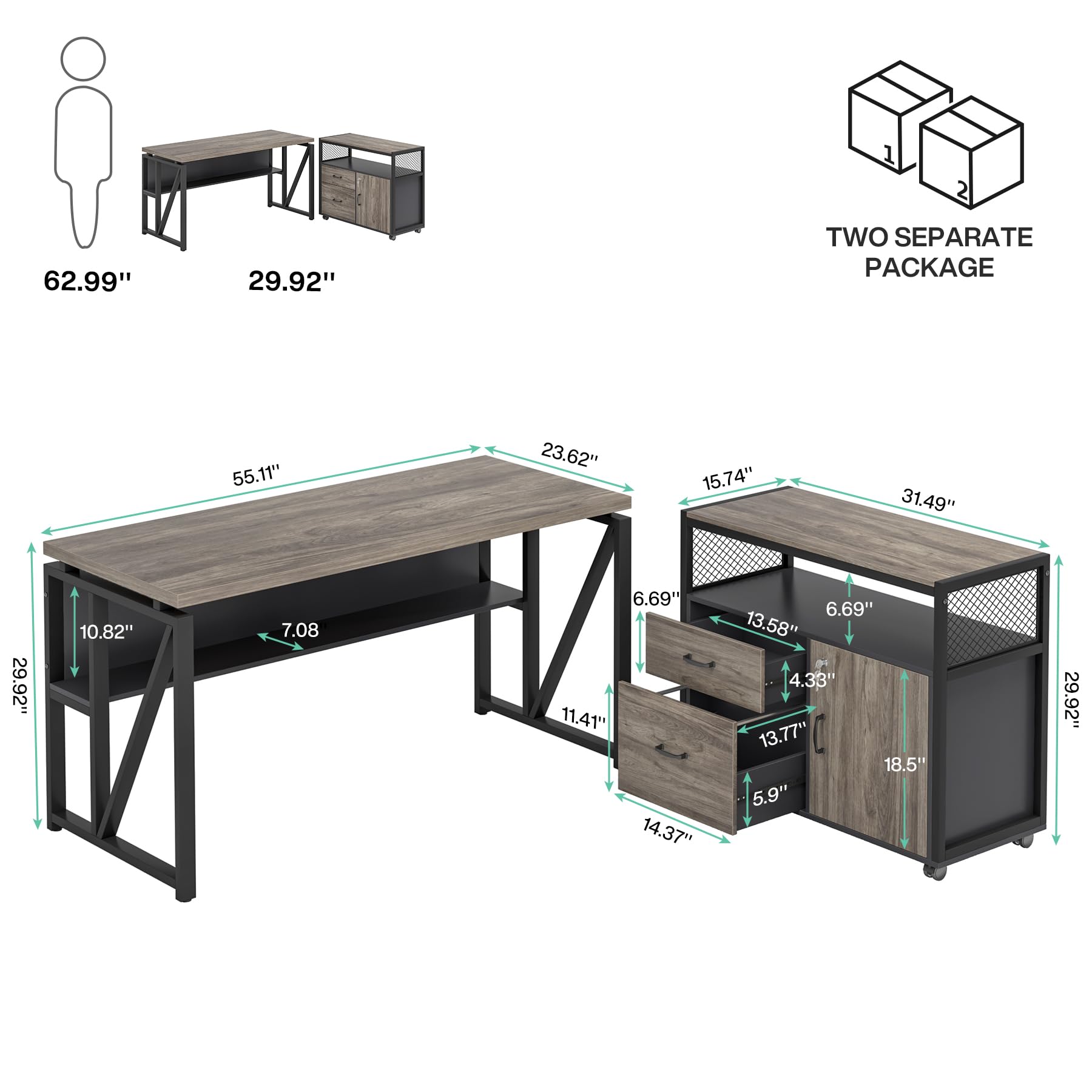 L Shaped Desk with Drawer Cabinet, 55" Executive Computer Desk and lateral File Cabinet, 2 Piece Home Office Furniture with Drawers for Hanging File, Doors with Locks (Gray, 55 inches)