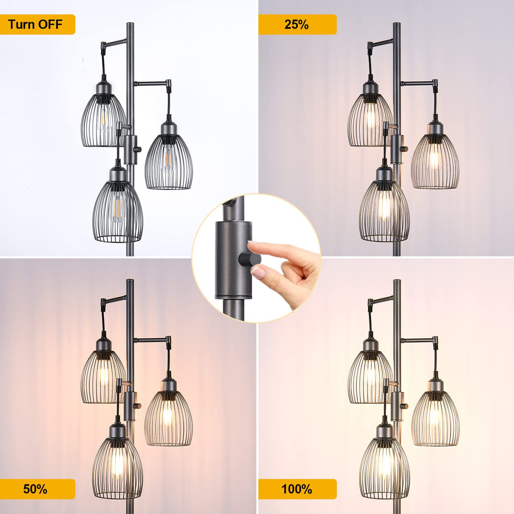 Dimmable Floor Lamp, 3 x 800LM LED Edison Bulbs Included, Industrial Floor Lamp Standing Tree Lamp with Elegant Teardrop Cage Heads Tall Lamps for Living Room Bedroom-Grey