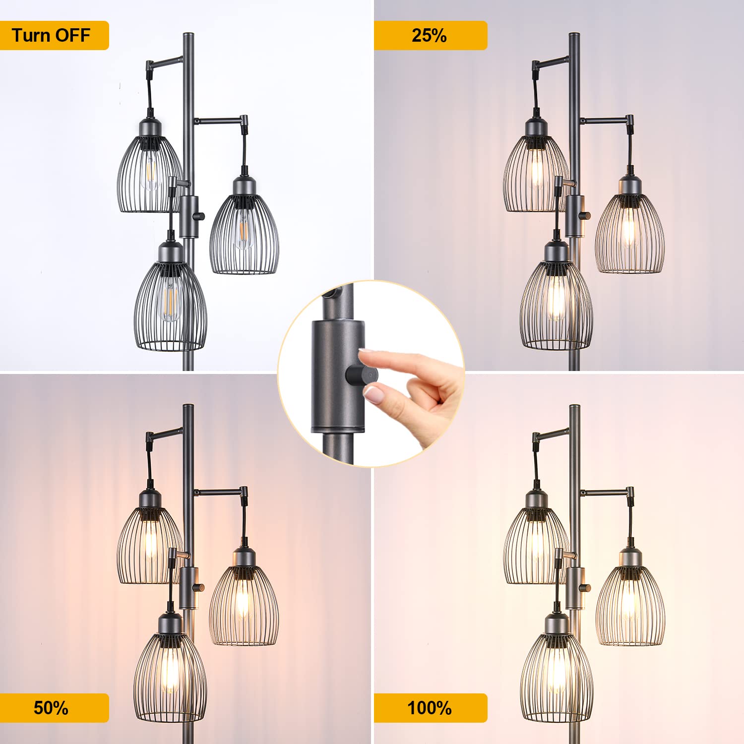 Dimmable Floor Lamp, 3 x 800LM LED Edison Bulbs Included, Industrial Floor Lamp Standing Tree Lamp with Elegant Teardrop Cage Heads Tall Lamps for Living Room Bedroom-Grey