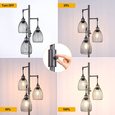 Dimmable Floor Lamp, 3 x 800LM LED Edison Bulbs Included, Industrial Floor Lamp Standing Tree Lamp with Elegant Teardrop Cage Heads Tall Lamps for Living Room Bedroom-Grey