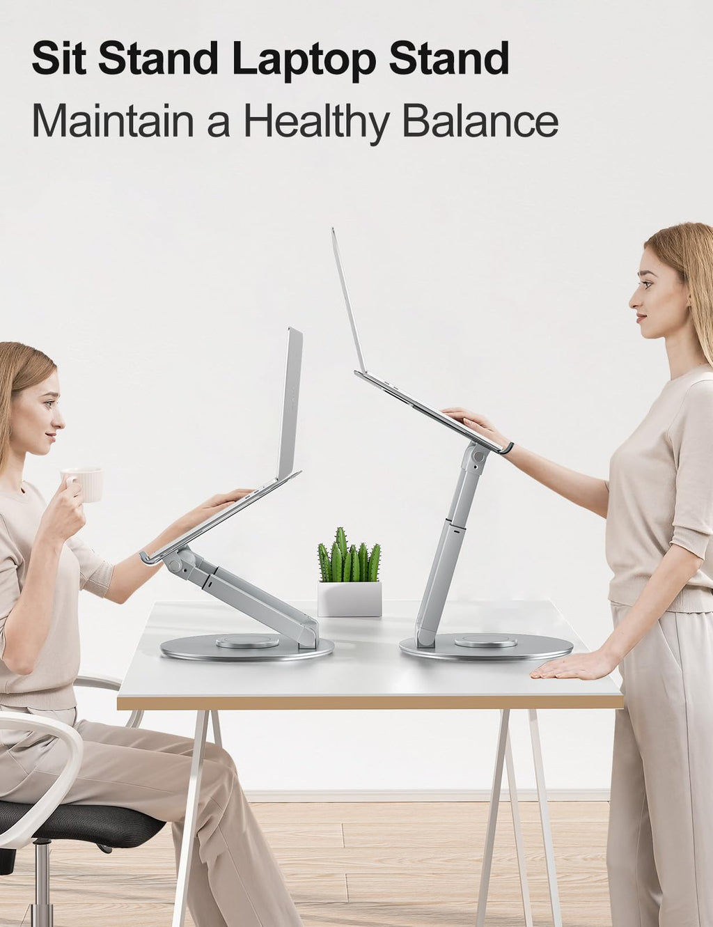 Laptop Stand for Desk with 360° Swivel Base, Sit to Stand, Height Adjustable, Portable Riser Holder for Good Posture, Compatible with All Laptops 10-17"-Silver
