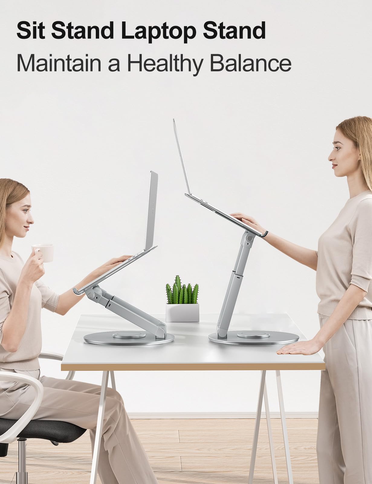 Laptop Stand for Desk with 360° Swivel Base, Sit to Stand, Height Adjustable, Portable Riser Holder for Good Posture, Compatible with All Laptops 10-17"-Silver