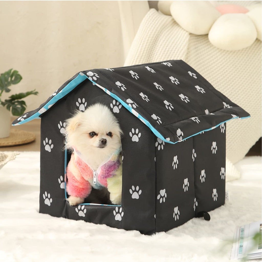 Outdoor Cat House, Cat Houses for Outdoor Cats, Weatherproof Warm and Insulated Cat House with Transparent Curtain Pet House, Stray Cats Shelter (Black, Medium-Houses)