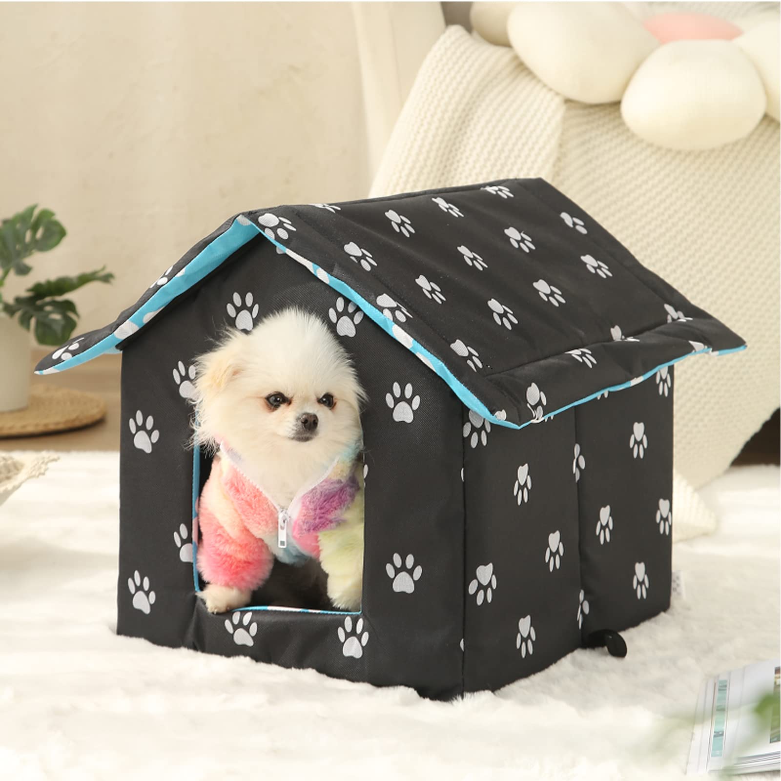 Outdoor Cat House, Cat Houses for Outdoor Cats, Weatherproof Warm and Insulated Cat House with Transparent Curtain Pet House, Stray Cats Shelter (Black, Medium-Houses)