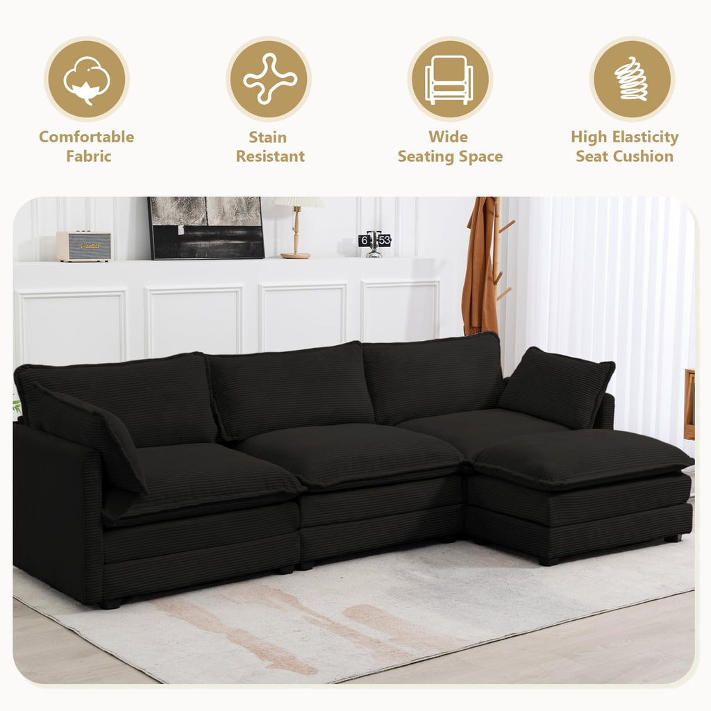 112'' Sectional Modular Cloud Couch, Oversized L Shaped 3 Seat Sofa with Movable Ottomans, 2 Throw Pillows, Upholstered Corduroy L Shape Comfy Deep Couches for Living Room and Office, Black