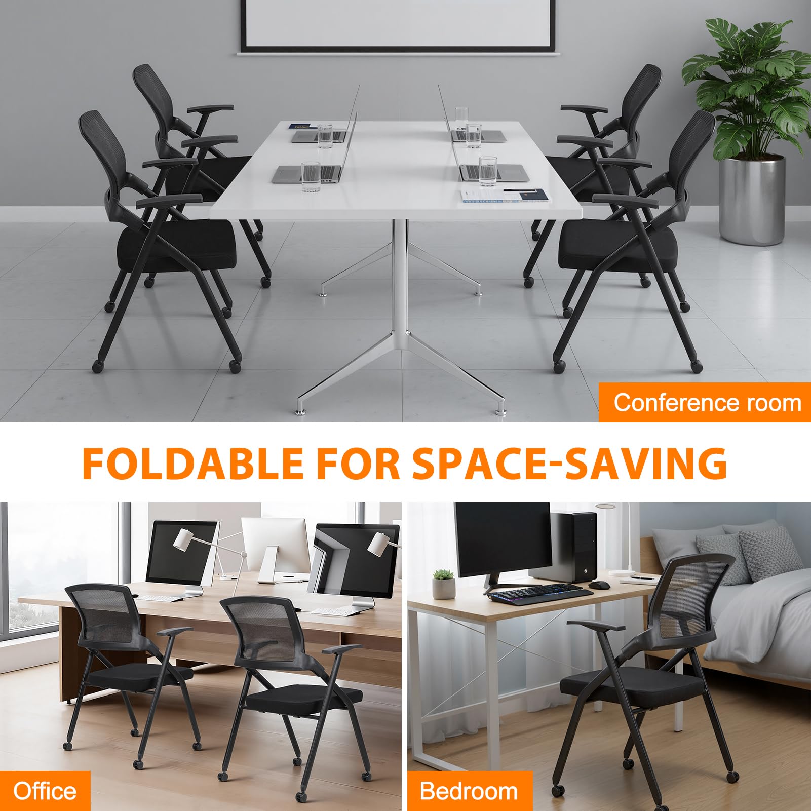 6PCS Ergonomic Foldable Office Chair with Breathable Mesh Back, Stackable Conference Chair - PU Wheels & Armrest for Guest, Meeting, Reception, Black