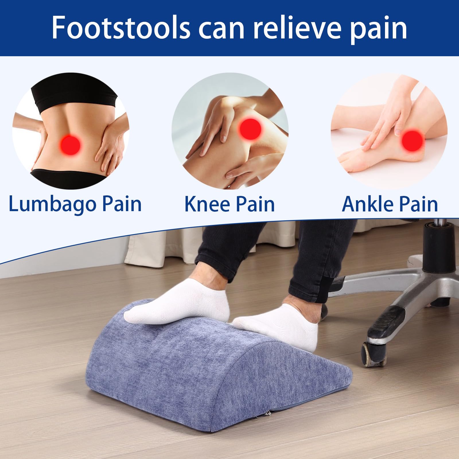 Foot Rest for Under Desk at Work, Ergonomic Under Desk Footrest with Washable Cover for Office, Home & Gaming Leg Elevation Pillow Blue