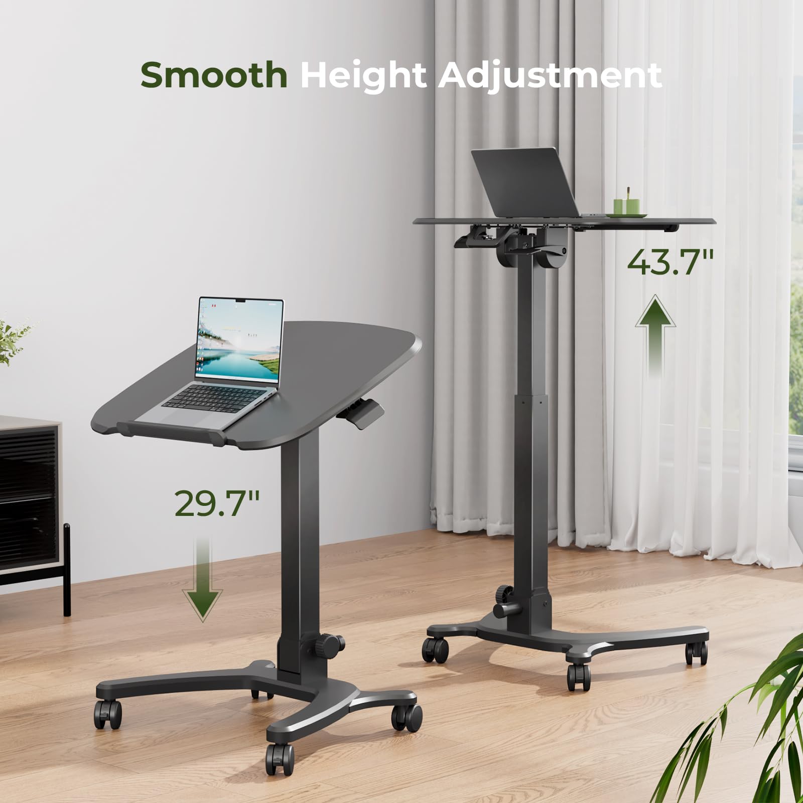 Foldable Mobile Standing Desk, 27"×21" Portable Rolling Laptop Cart with 90° Tiltable Board, Height Adjustable Mobile Desk Workstation with Wheels, Folding Table for Home Office, Black